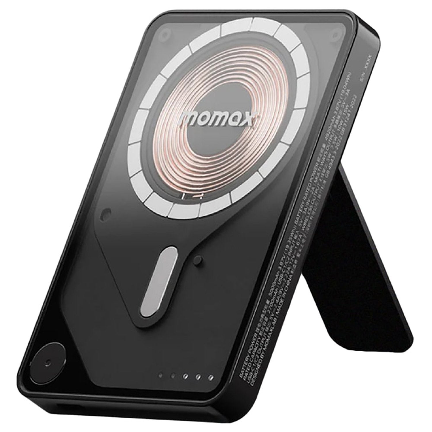 Momax Power X Pro Magnetic Wireless Power Bank – 5000 mAh, Includes Kickstand & Built-in USB-C Cable | Black Momax Power X Pro Magnetic Wireless Power Bank – 5000 mAh, Includes Kickstand & Built-in USB-C Cable | Black